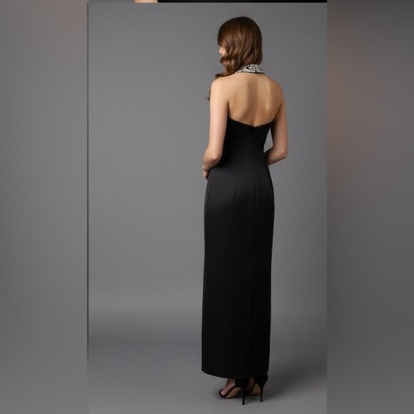 Navy Blue Beaded Halter Evening Dress - Picture 6 of 12